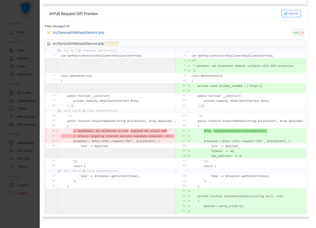 Vortex-opened fix PR — diff showing vulnerable code replaced with parameterized query, merged badge visible